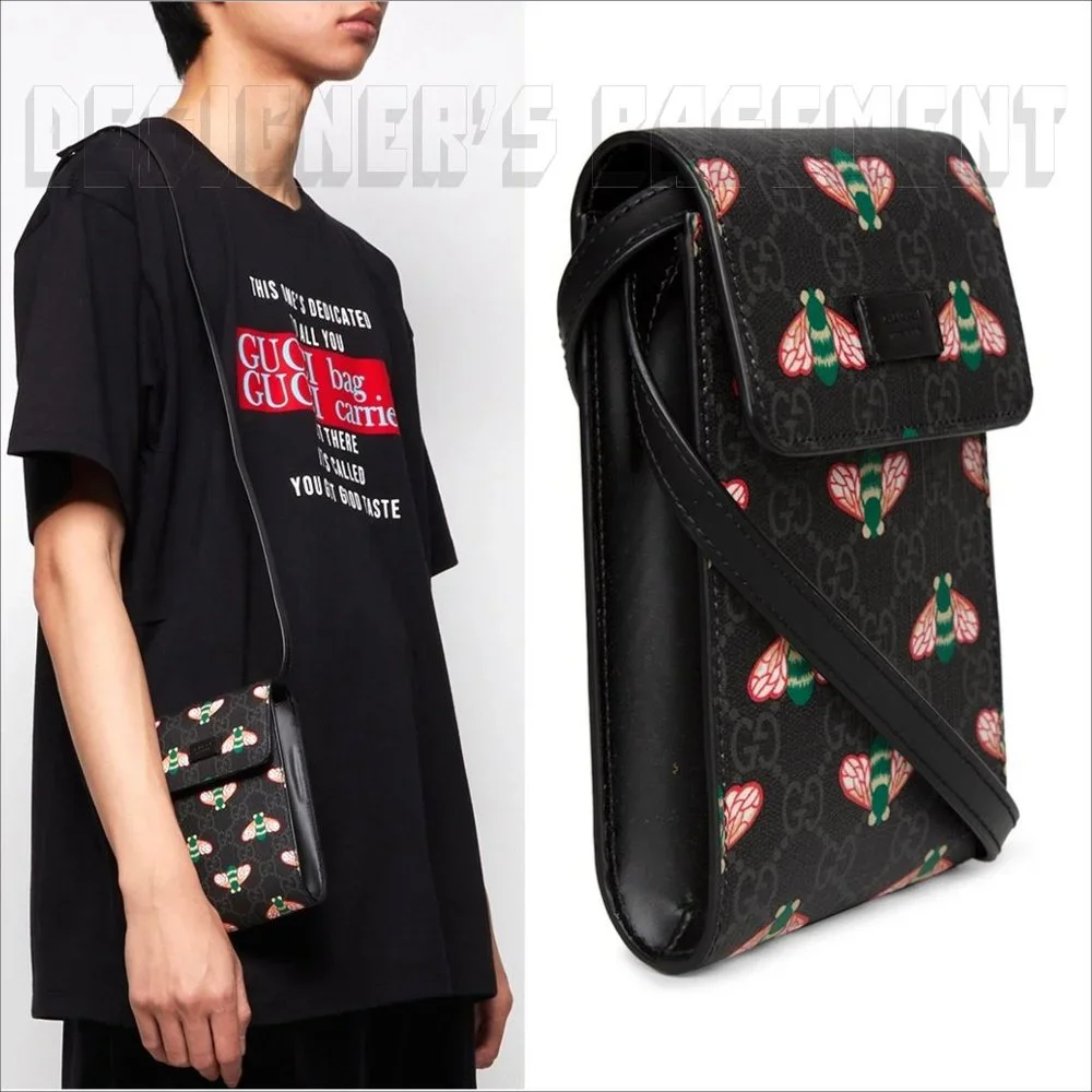 GUCCI black leather BESTIARY Bee GG Supreme black Canvas Cross Body PHONE bag 🎁